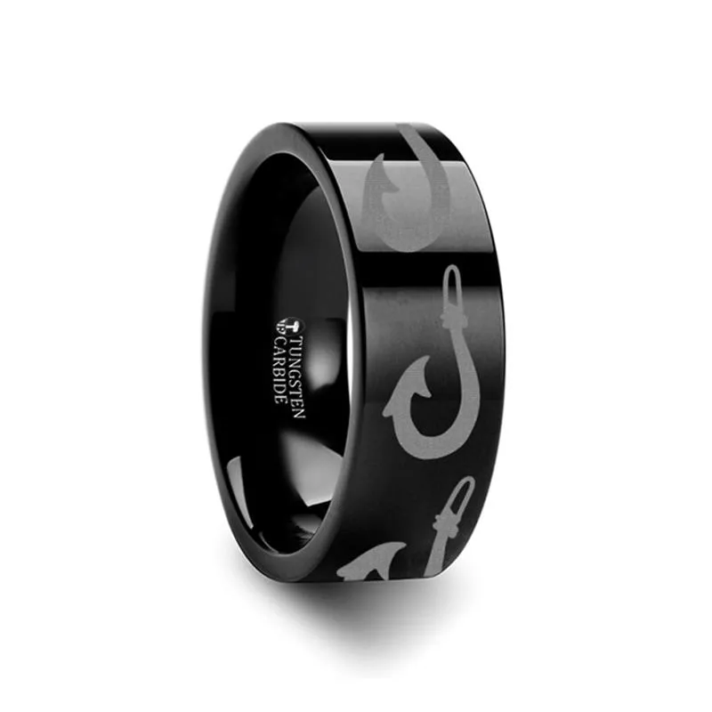 Large Polynesian Fishing Hook Laser Engraved Flat Tungsten Couple Matching Ring - 4MM - 12MM