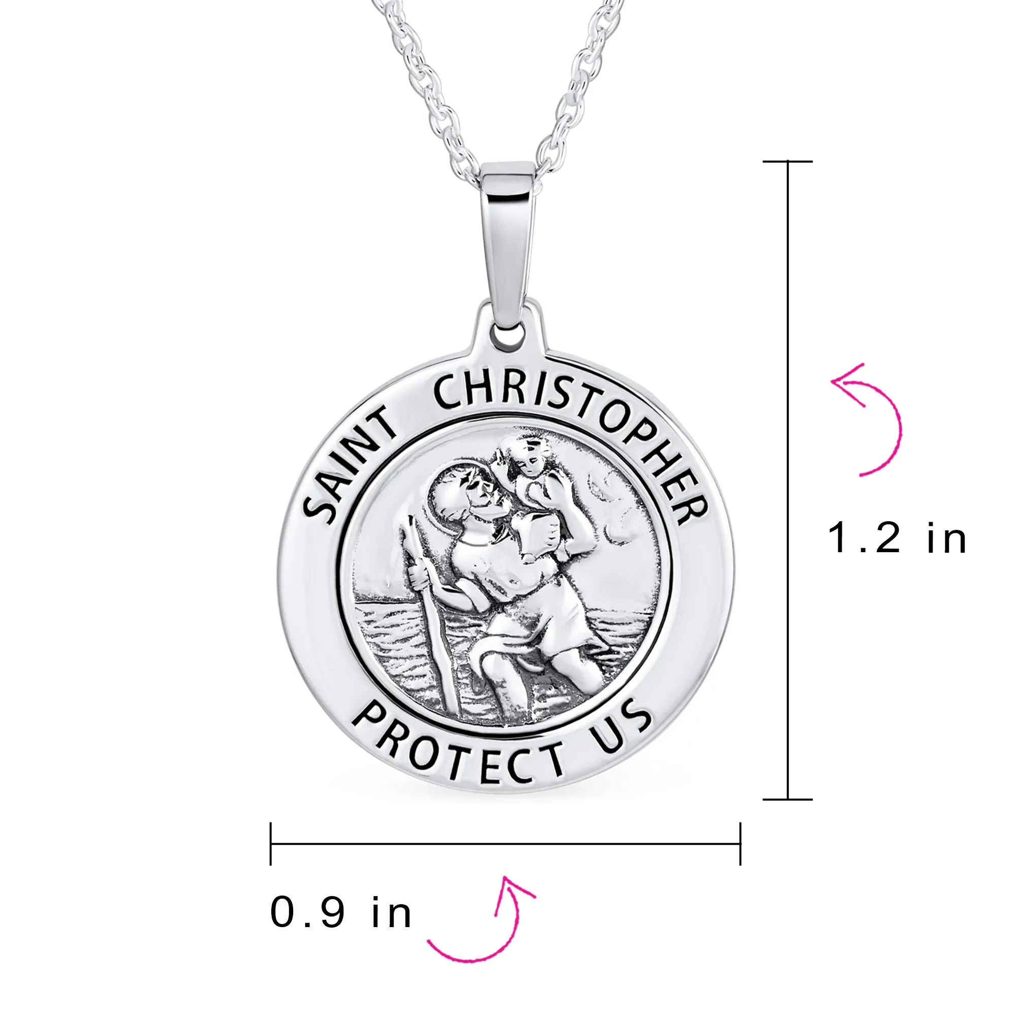 Large Saint Christopher Pendant Necklace Patron of Safe Travel Sterling Silver