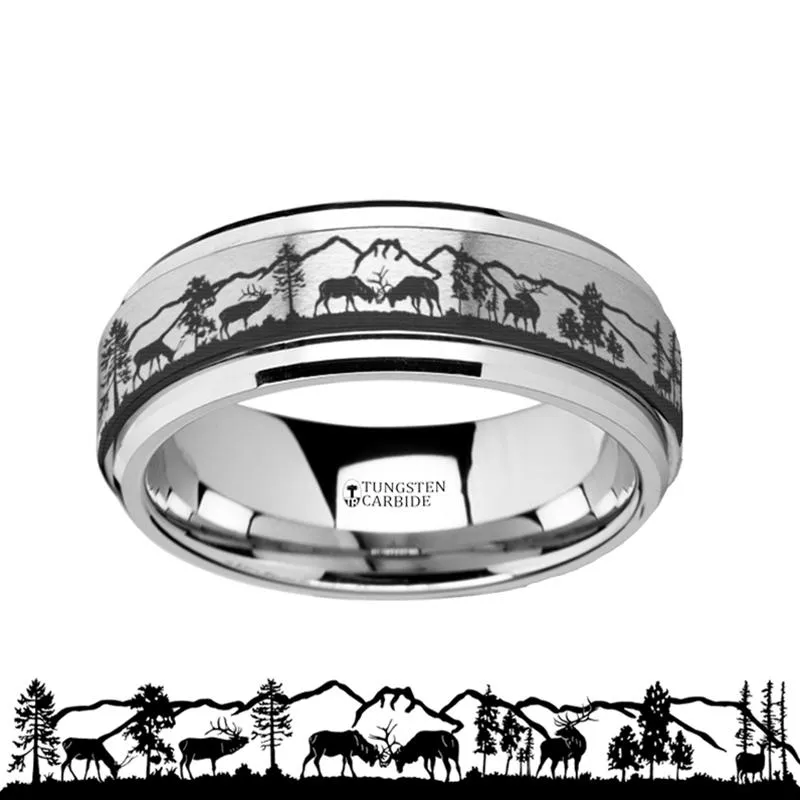 Laser Engraved Deer Stag Mountain Range Scene Tungsten Spinner Ring for Men with Bevels - 8MM