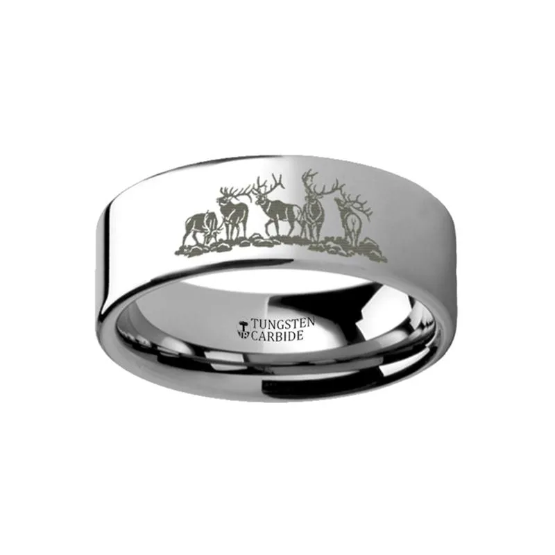 Laser Engraved FIve Deer Stag Hunting Print Flat Tungsten Couple Matching Ring - 4MM - 12MM