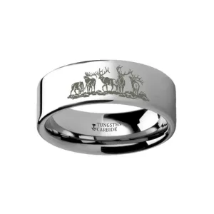 Laser Engraved FIve Deer Stag Hunting Print Flat Tungsten Couple Matching Ring - 4MM - 12MM