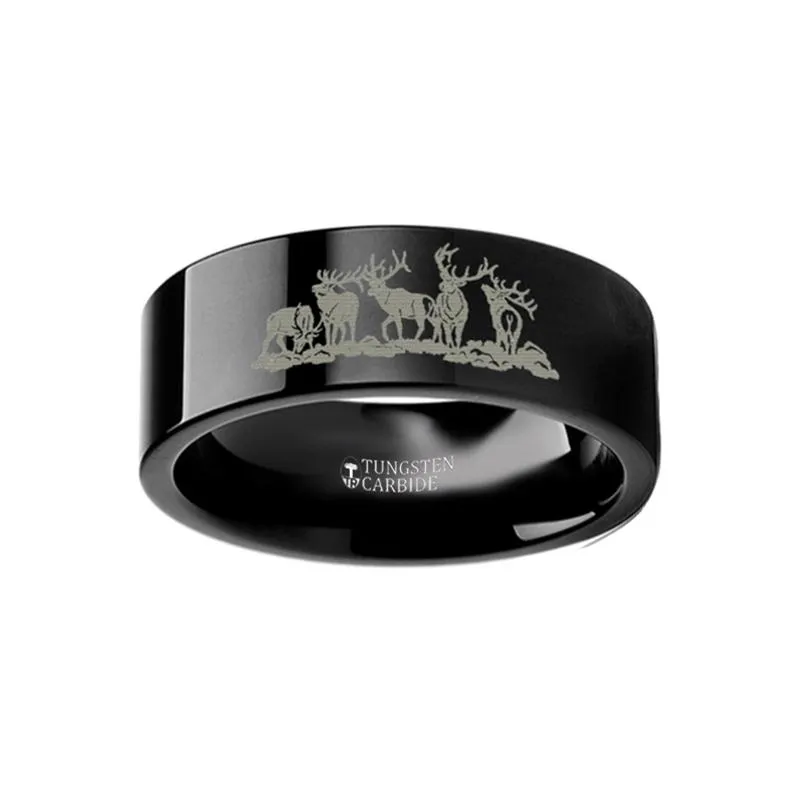 Laser Engraved FIve Deer Stag Hunting Print Flat Tungsten Couple Matching Ring - 4MM - 12MM