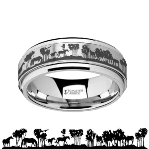 Laser Engraved Wild Horse Scene Men's Tungsten Carbide Spinner Ring with Bevels - 8MM