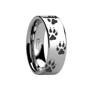 Laser Engraved Wolf Track Print Animal Design Flat Tungsten Couple Matching Ring - 4MM - 12MM