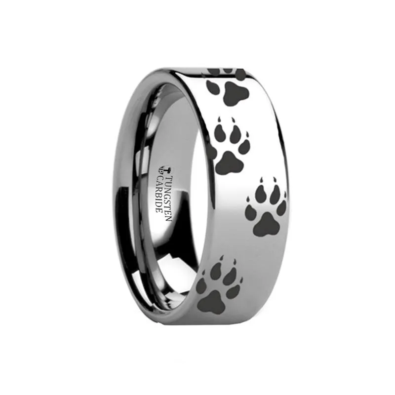 Laser Engraved Wolf Track Print Animal Design Flat Tungsten Couple Matching Ring - 4MM - 12MM