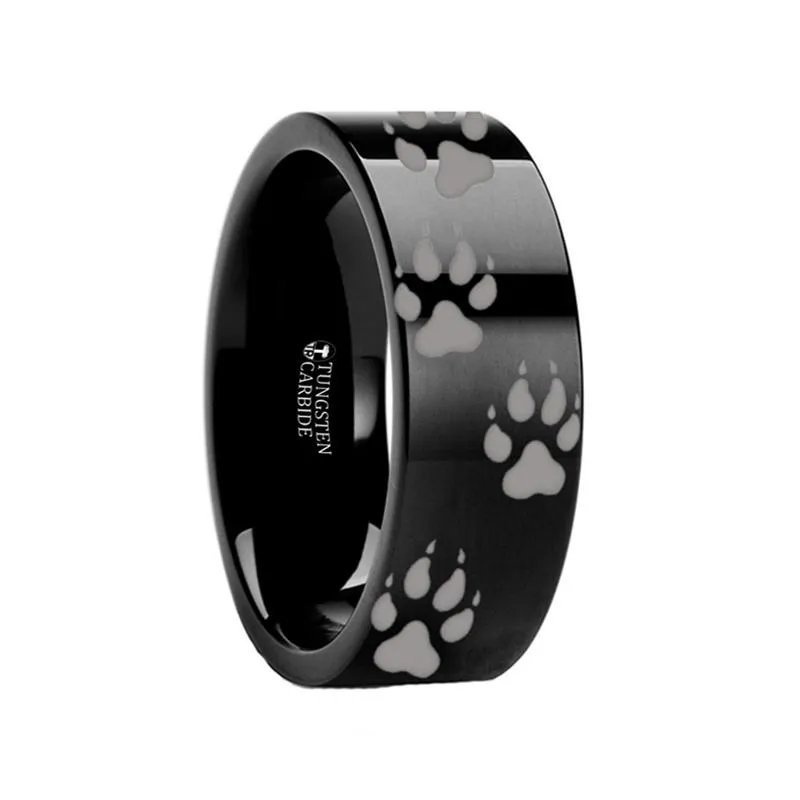 Laser Engraved Wolf Track Print Animal Design Flat Tungsten Couple Matching Ring - 4MM - 12MM