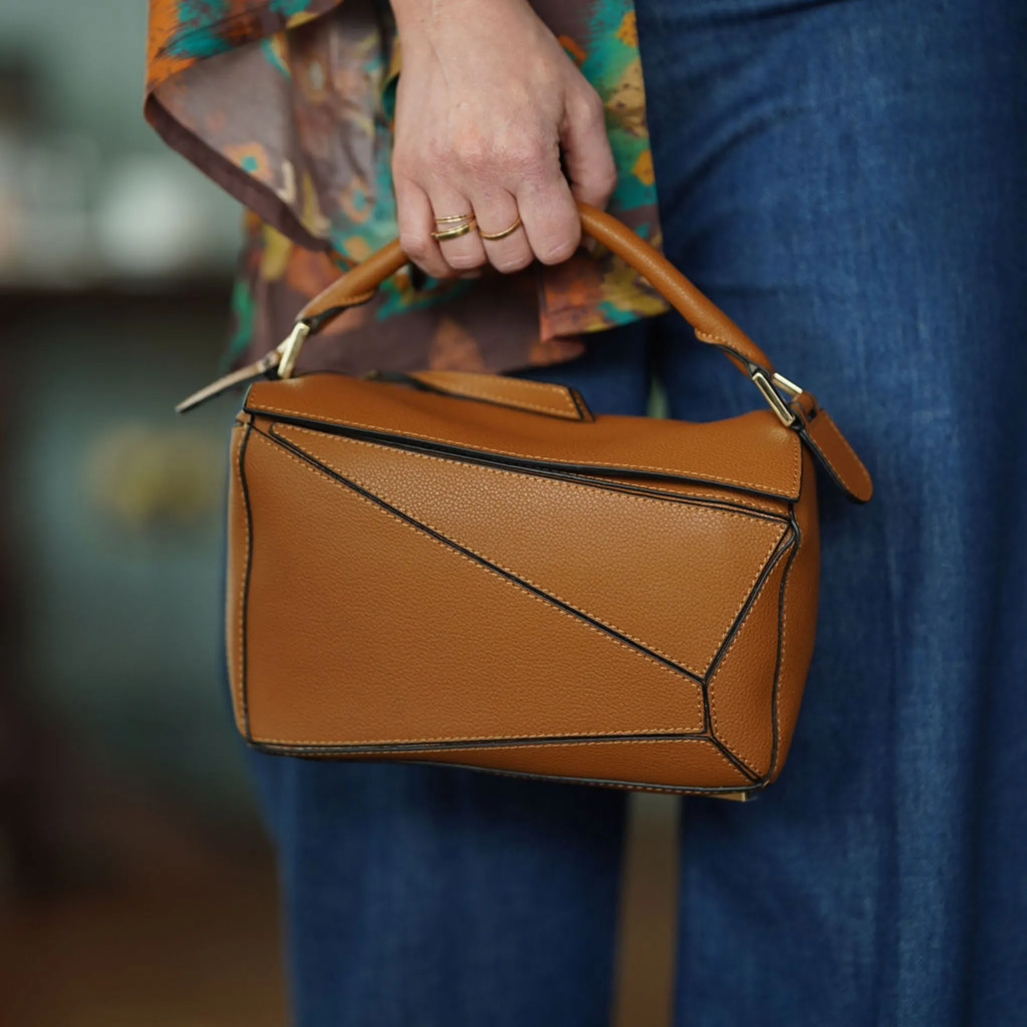 Leather Grab Handle Geometric Bags