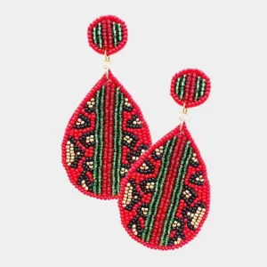 Leopard Pattern Red Color Block Seed Beaded Earrings