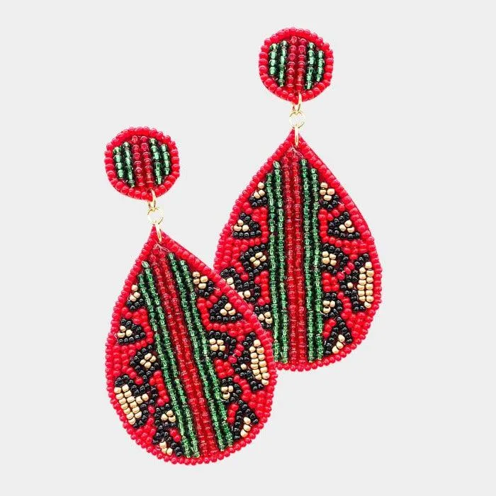 Leopard Pattern Red Color Block Seed Beaded Earrings