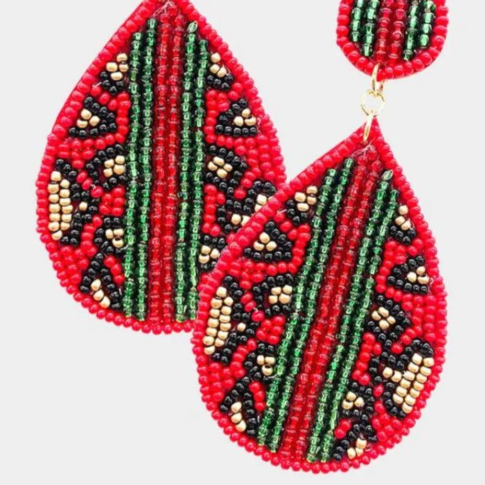 Leopard Pattern Red Color Block Seed Beaded Earrings
