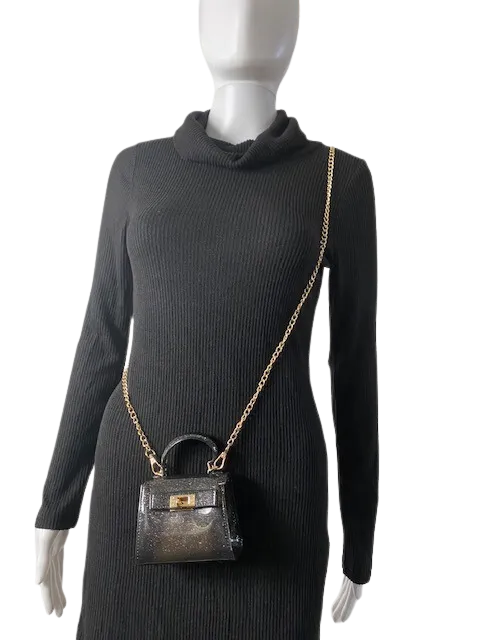 Lipstick Black Mini Purse with Detachable Chain Link Shoulder Strap