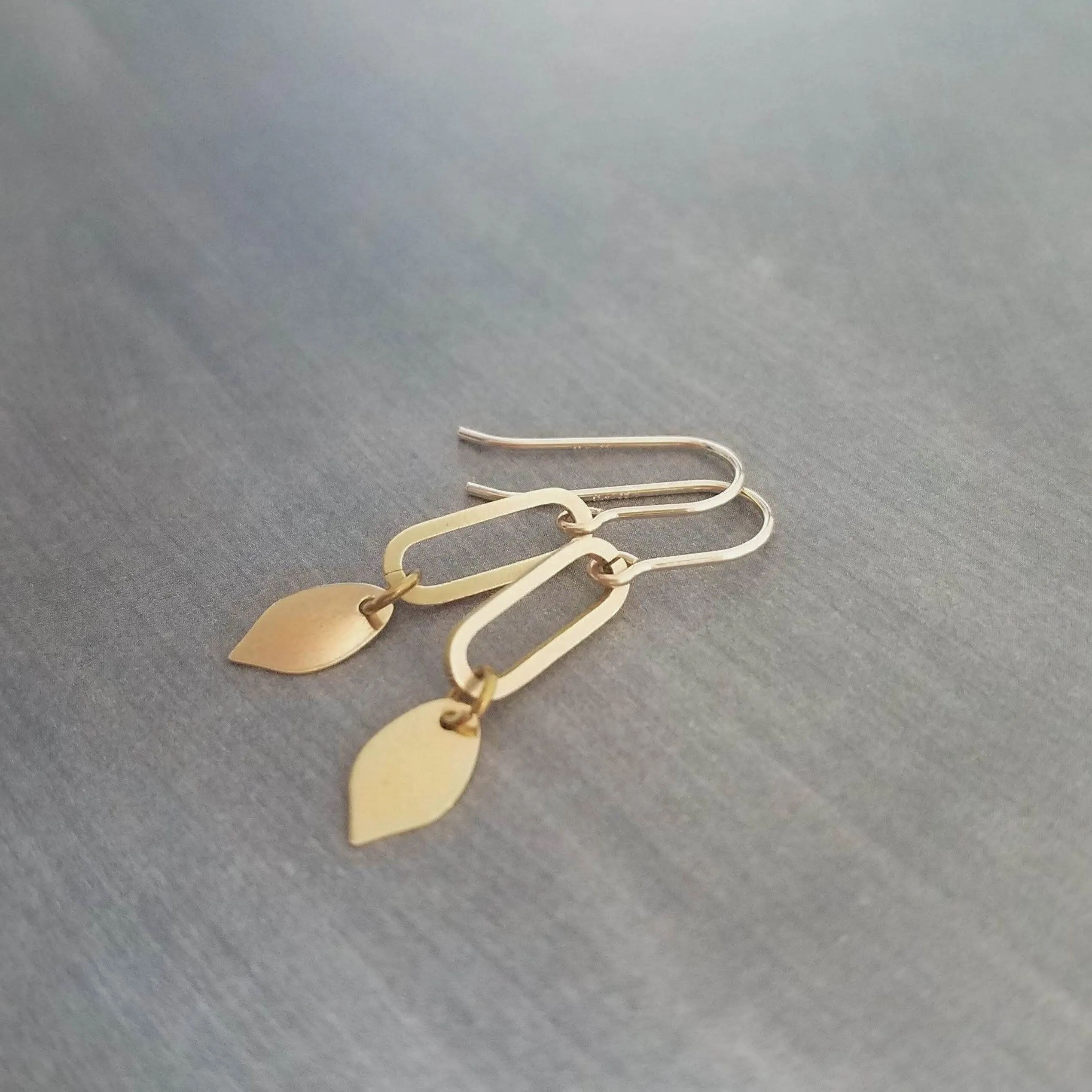 Little Gold Dangle Earrings, 14K gold fill hooks, gold oval earring, gold leaf dangle, simple gold dangle, lightweight gold earrings, small