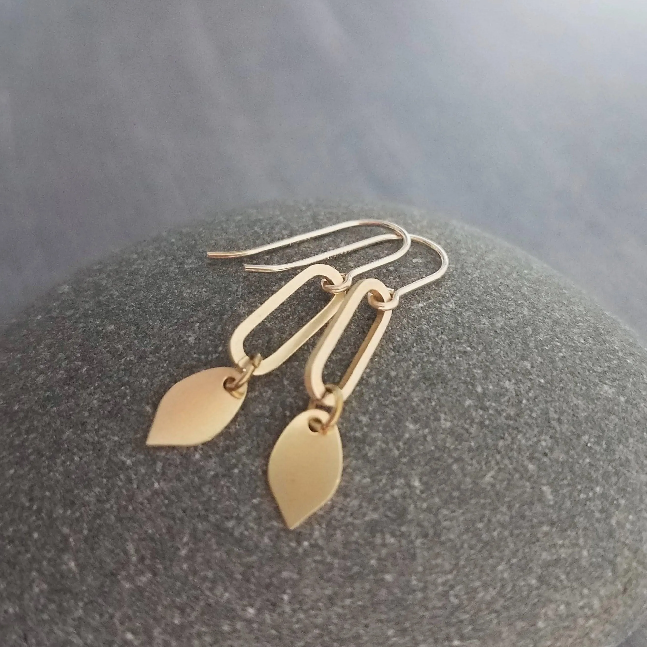 Little Gold Dangle Earrings, 14K gold fill hooks, gold oval earring, gold leaf dangle, simple gold dangle, lightweight gold earrings, small