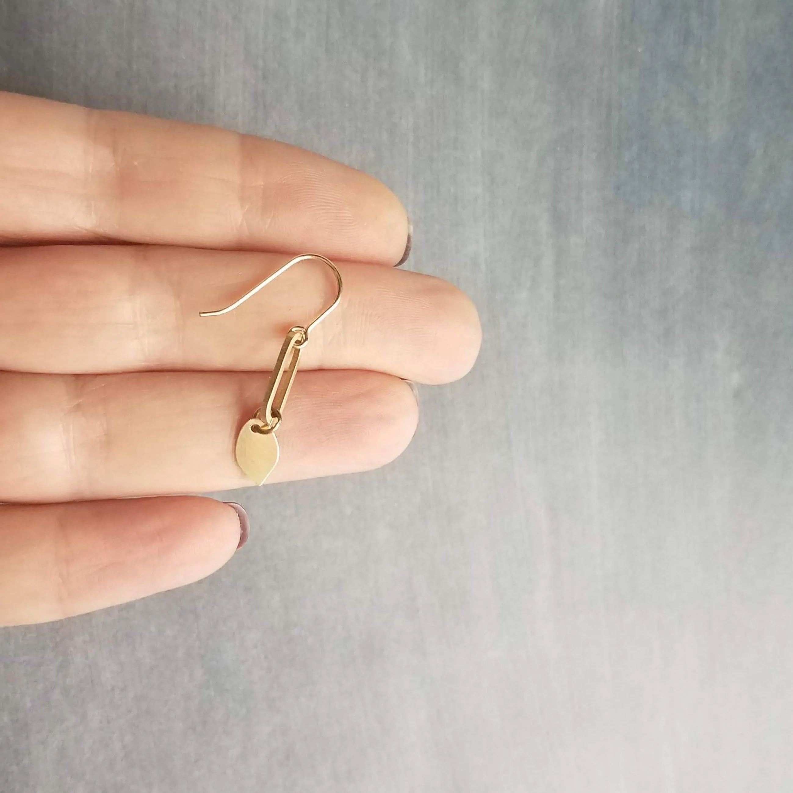 Little Gold Dangle Earrings, 14K gold fill hooks, gold oval earring, gold leaf dangle, simple gold dangle, lightweight gold earrings, small