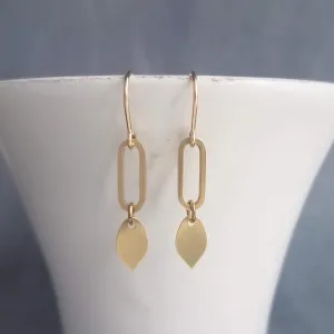 Little Gold Dangle Earrings, 14K gold fill hooks, gold oval earring, gold leaf dangle, simple gold dangle, lightweight gold earrings, small