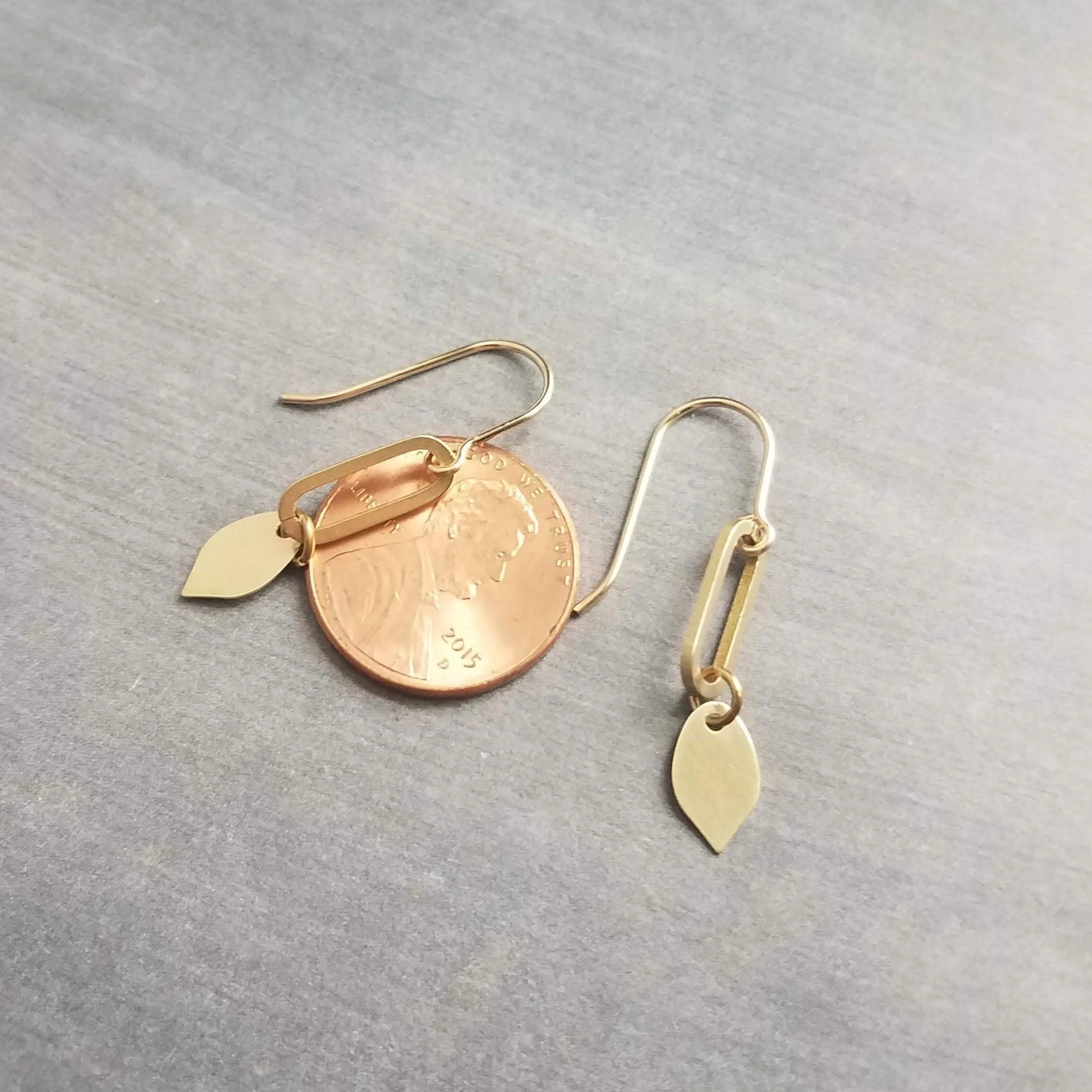 Little Gold Dangle Earrings, 14K gold fill hooks, gold oval earring, gold leaf dangle, simple gold dangle, lightweight gold earrings, small