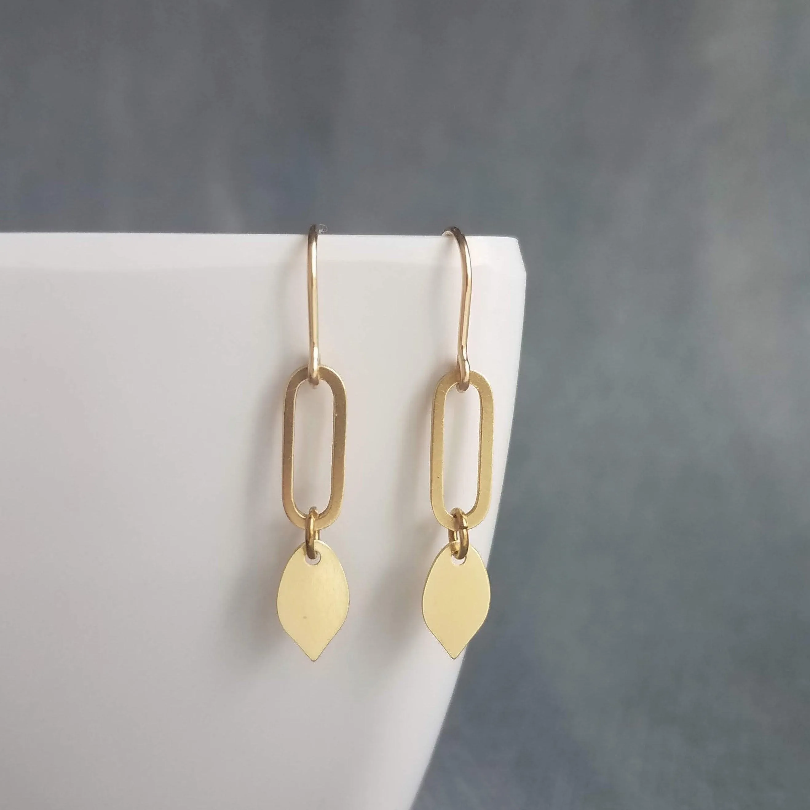 Little Gold Dangle Earrings, 14K gold fill hooks, gold oval earring, gold leaf dangle, simple gold dangle, lightweight gold earrings, small