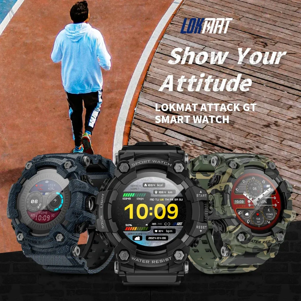 LOKMAT ATTACK-GT Upgrade Sport Smart Watch Waterproof Bluetooth Calls Rugged Smartwatches Flashlight Fitness Tracker for Phone
