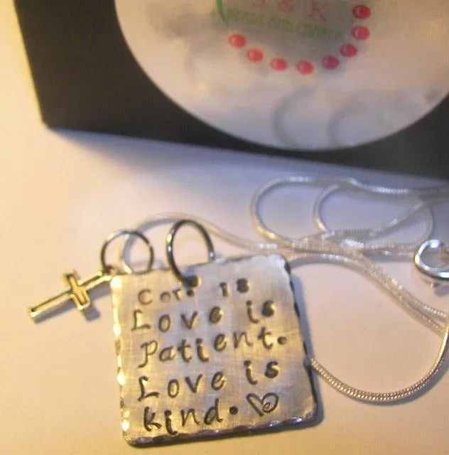 Love is Patient love is kind, Hand stamped jewelry, personalized jewelry,  faith jewelry, hand stamped jewelry, religious jewelry