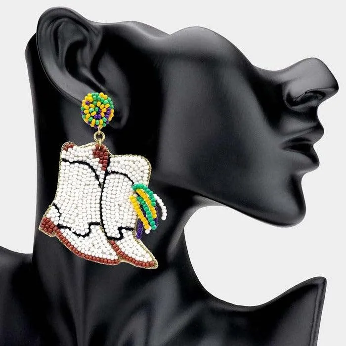 Mardi Gras Beaded Western Boots Dangle Earrings