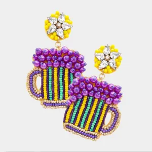 Mardi Gras Felt Back Pearl Beer Dangle Earrings
