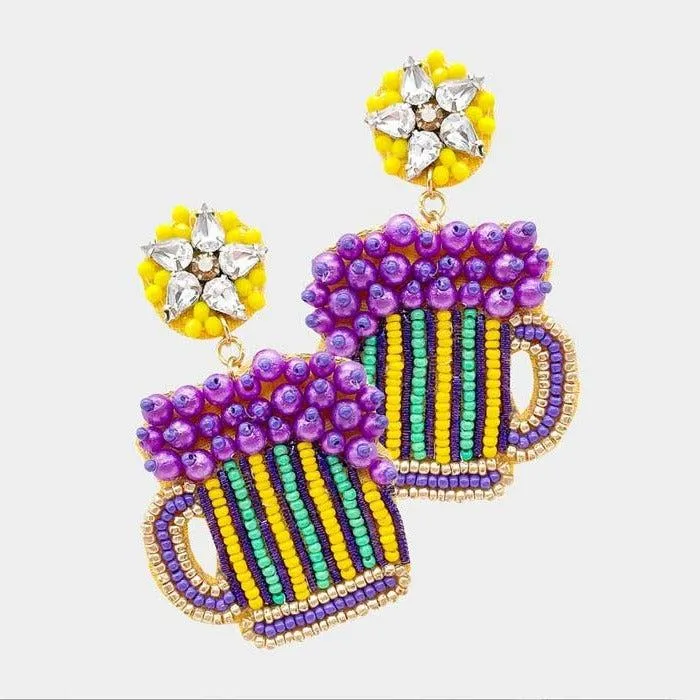 Mardi Gras Felt Back Pearl Beer Dangle Earrings