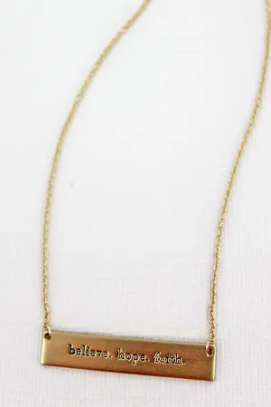 Matte Goldtone 'Believe Hope Faith' Bar Necklace