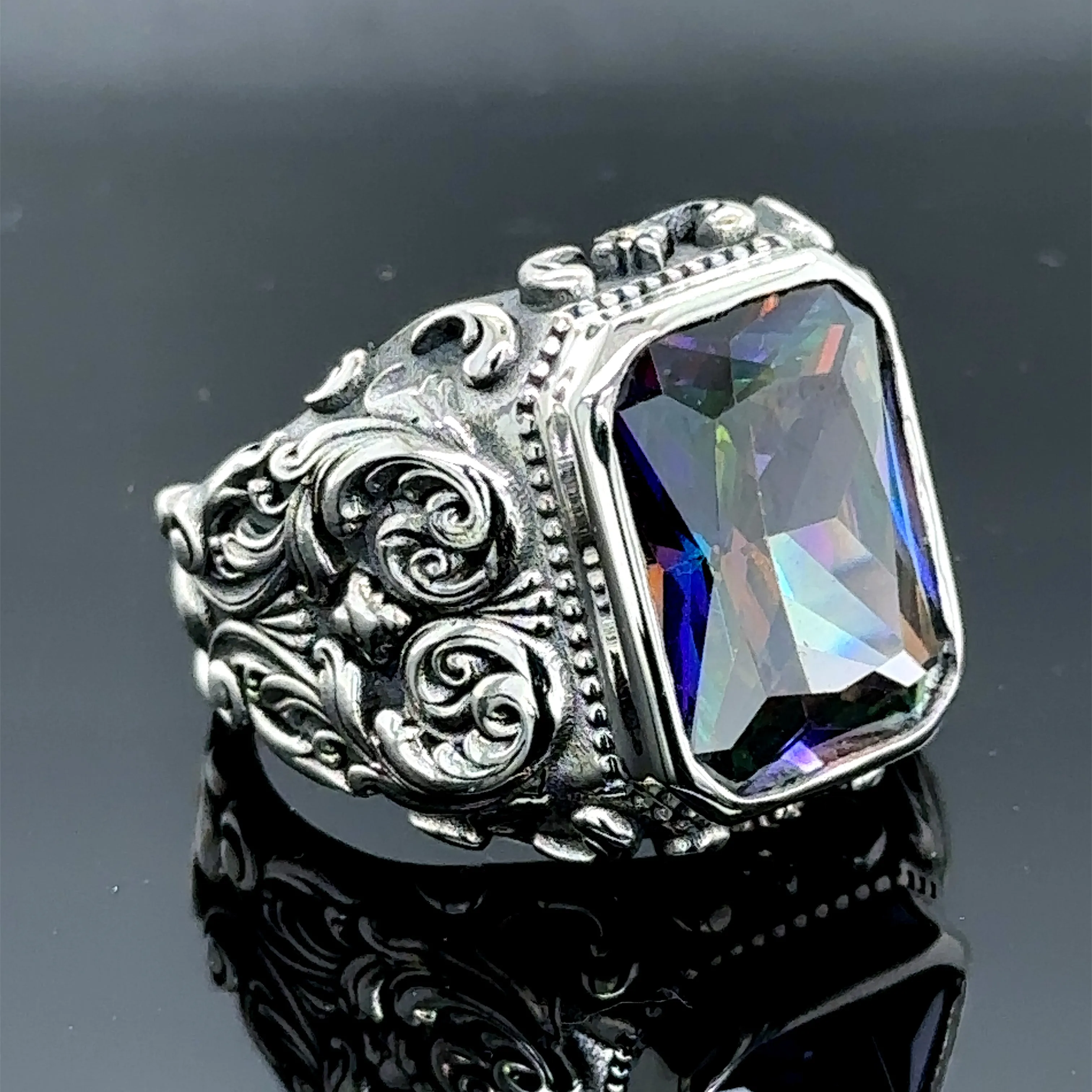 Men Silver Engraved Mystic Topaz Gemstone Ring