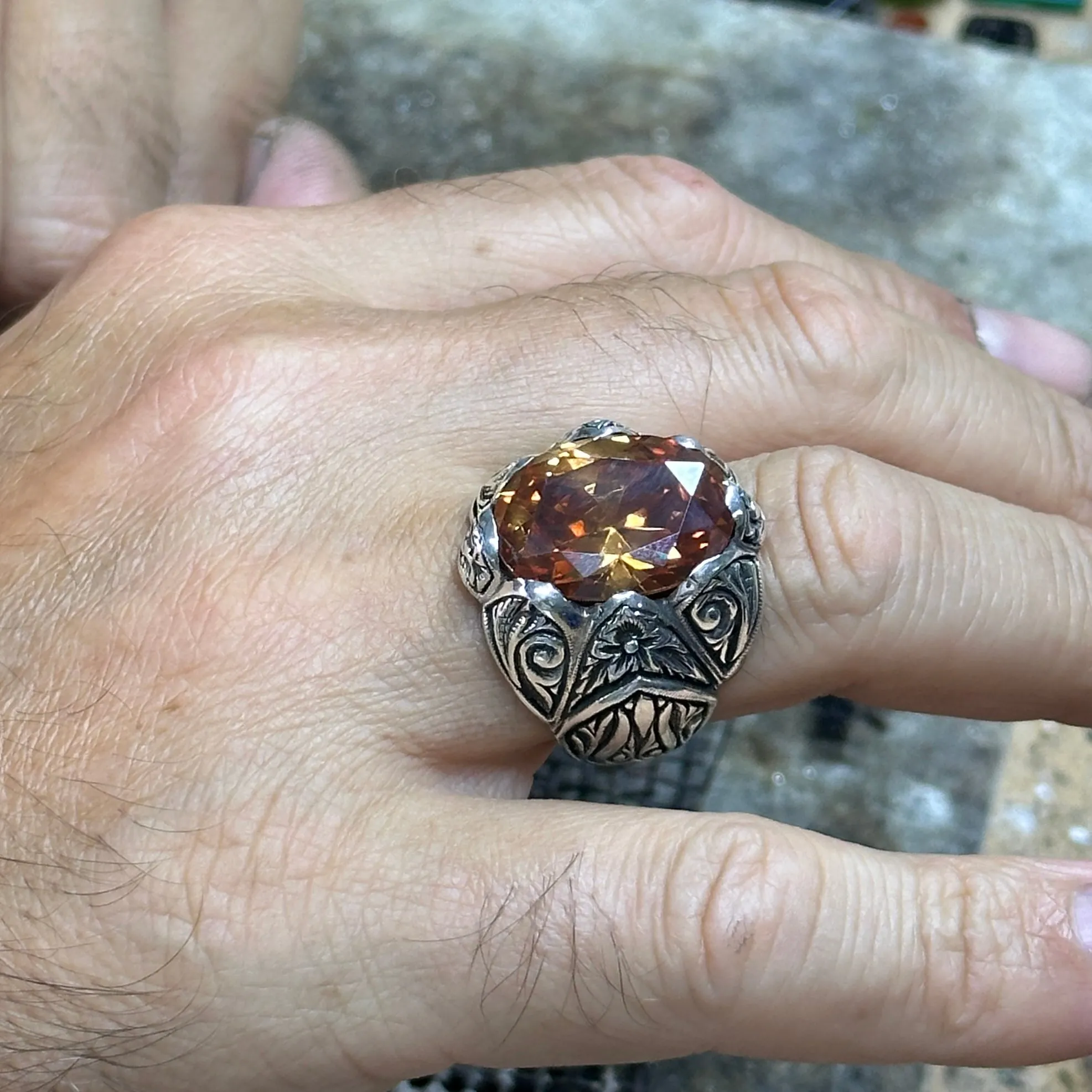 Men Silver Engraved Natural Yellow Citrine Gemstone Ring