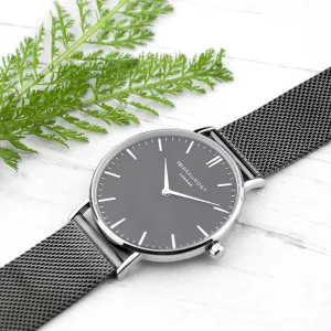 Men's Metallic Charcoal Grey Personalised Watch With Black Face