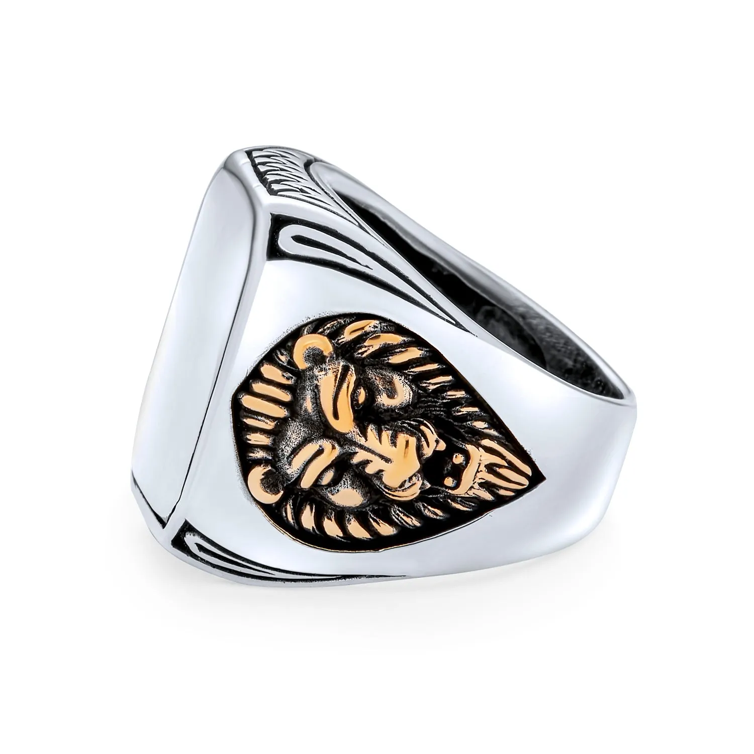Mens Silver Ring Vintage Lion Signet King of Jungle Rectangle Oxidized .925 Silver