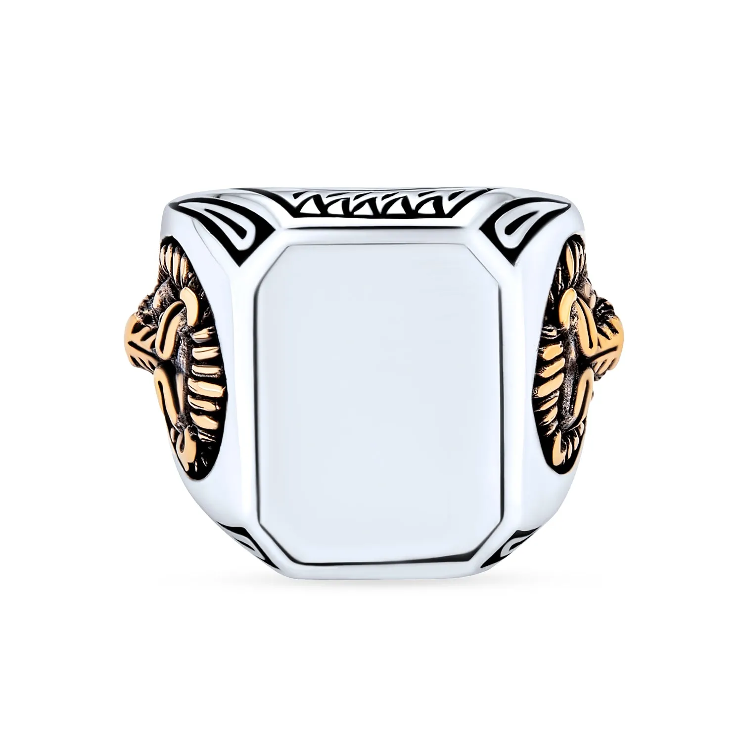 Mens Silver Ring Vintage Lion Signet King of Jungle Rectangle Oxidized .925 Silver