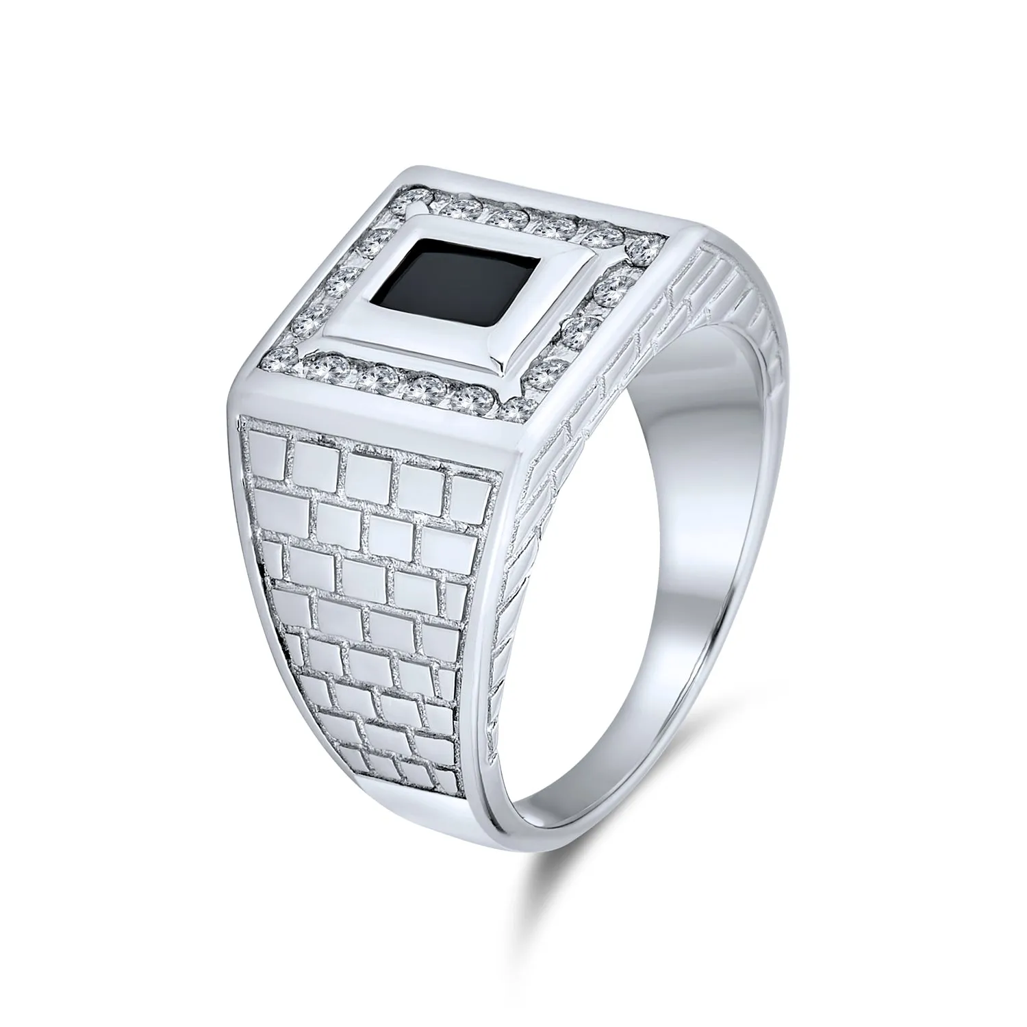 Mens Stainless Steel Brick Pattern Rectangle CZ Engagement Ring