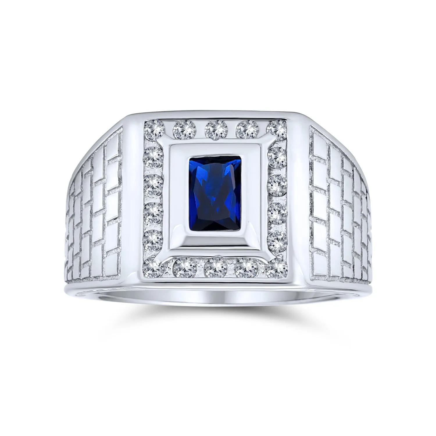 Mens Stainless Steel Brick Pattern Rectangle CZ Engagement Ring