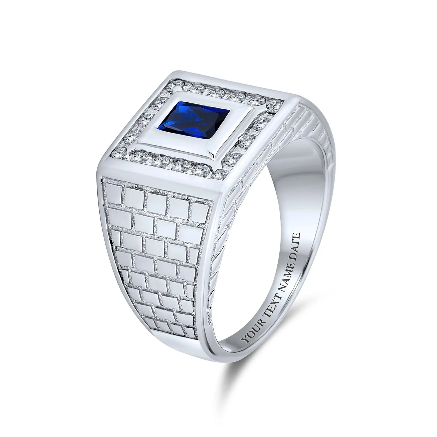 Mens Stainless Steel Brick Pattern Rectangle CZ Engagement Ring