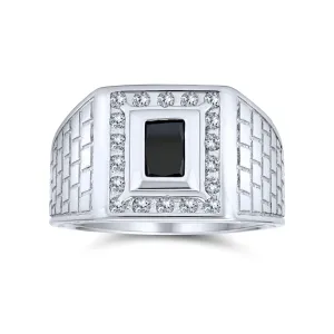 Mens Stainless Steel Brick Pattern Rectangle CZ Engagement Ring