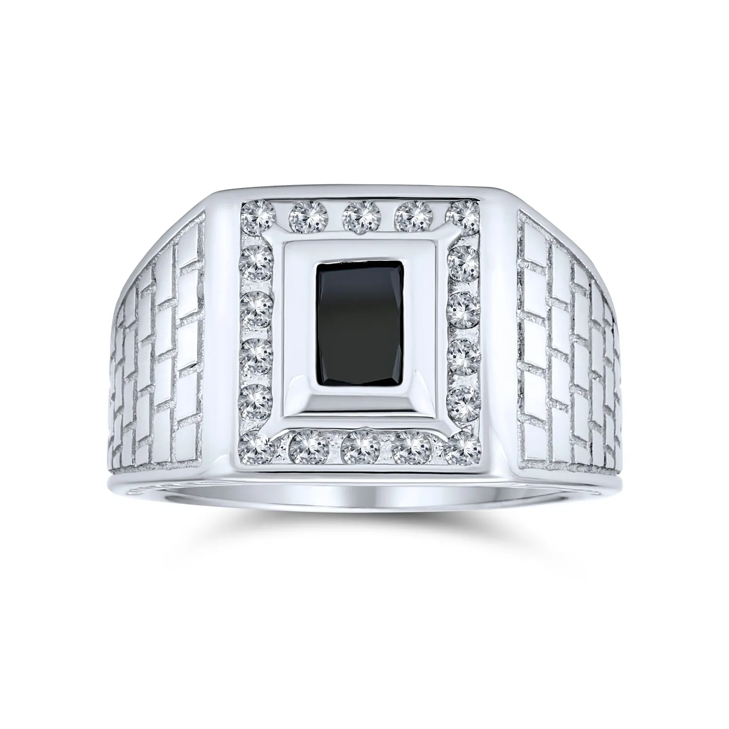 Mens Stainless Steel Brick Pattern Rectangle CZ Engagement Ring
