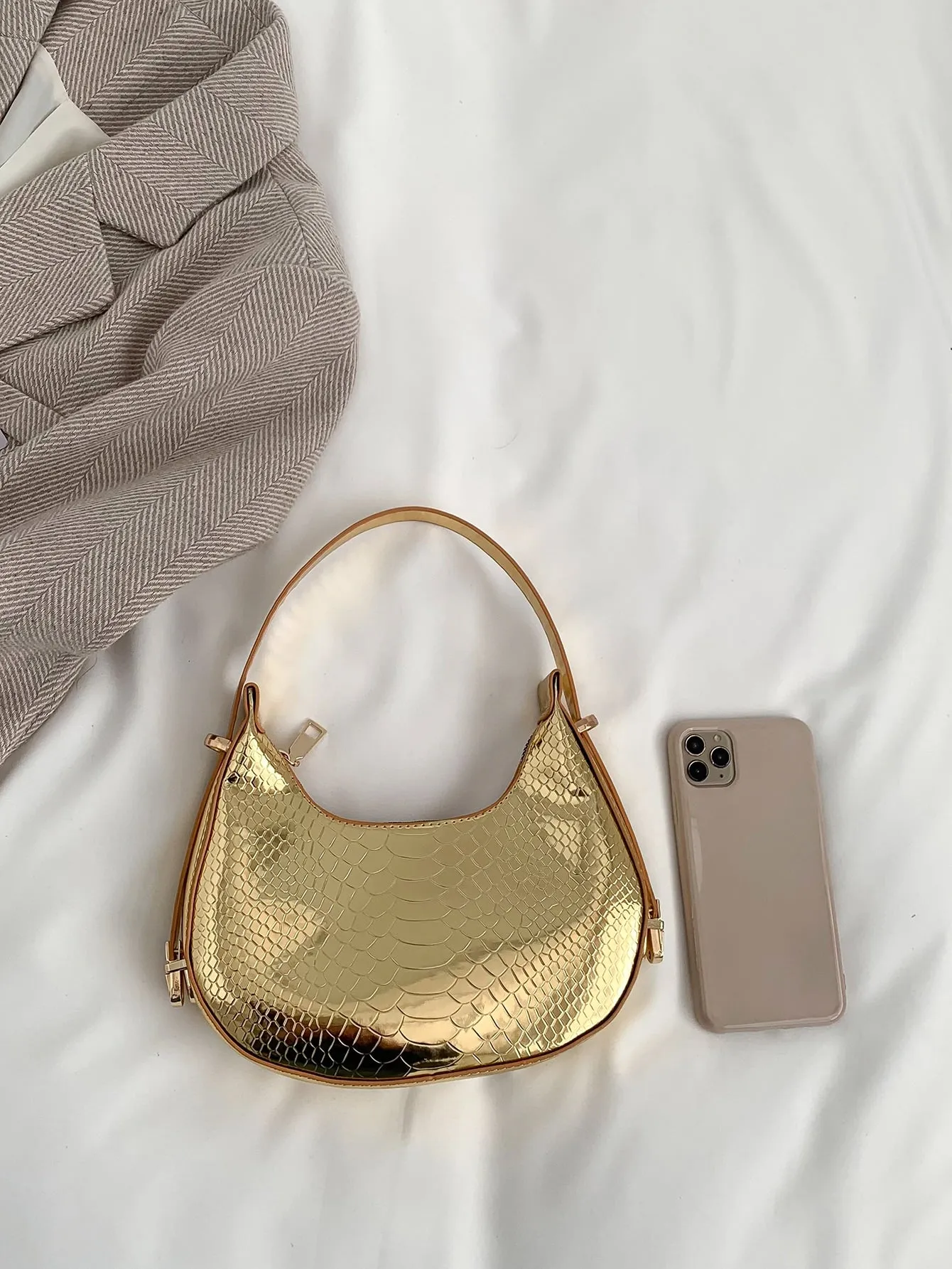 Metallic Snakeskin Embossed Hobo Bag - Gold