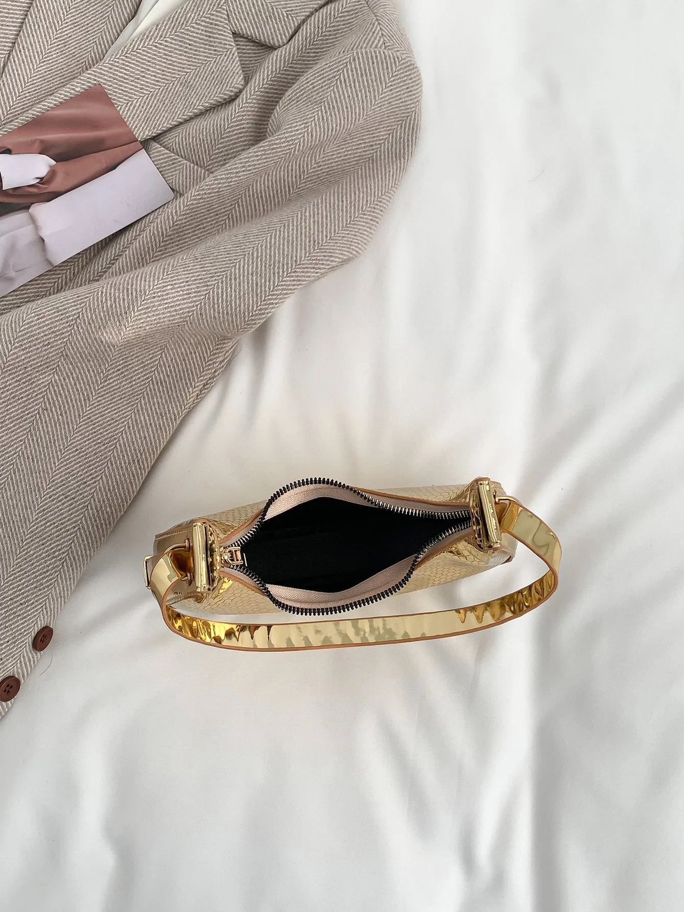 Metallic Snakeskin Embossed Hobo Bag - Gold