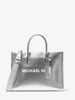 Micheal Kors Mirella Medium Metallic Pebbled Leather Tote Bag Silver