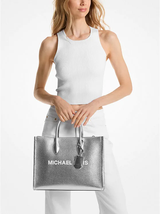 Micheal Kors Mirella Medium Metallic Pebbled Leather Tote Bag Silver