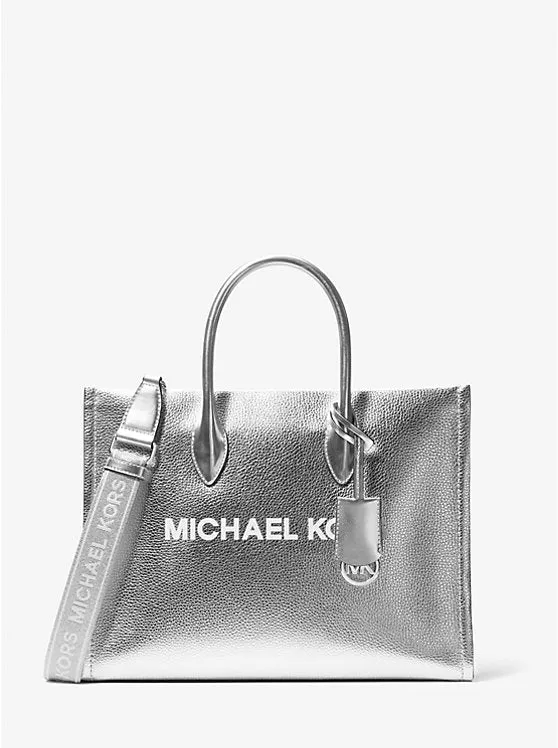 Micheal Kors Mirella Medium Metallic Pebbled Leather Tote Bag Silver
