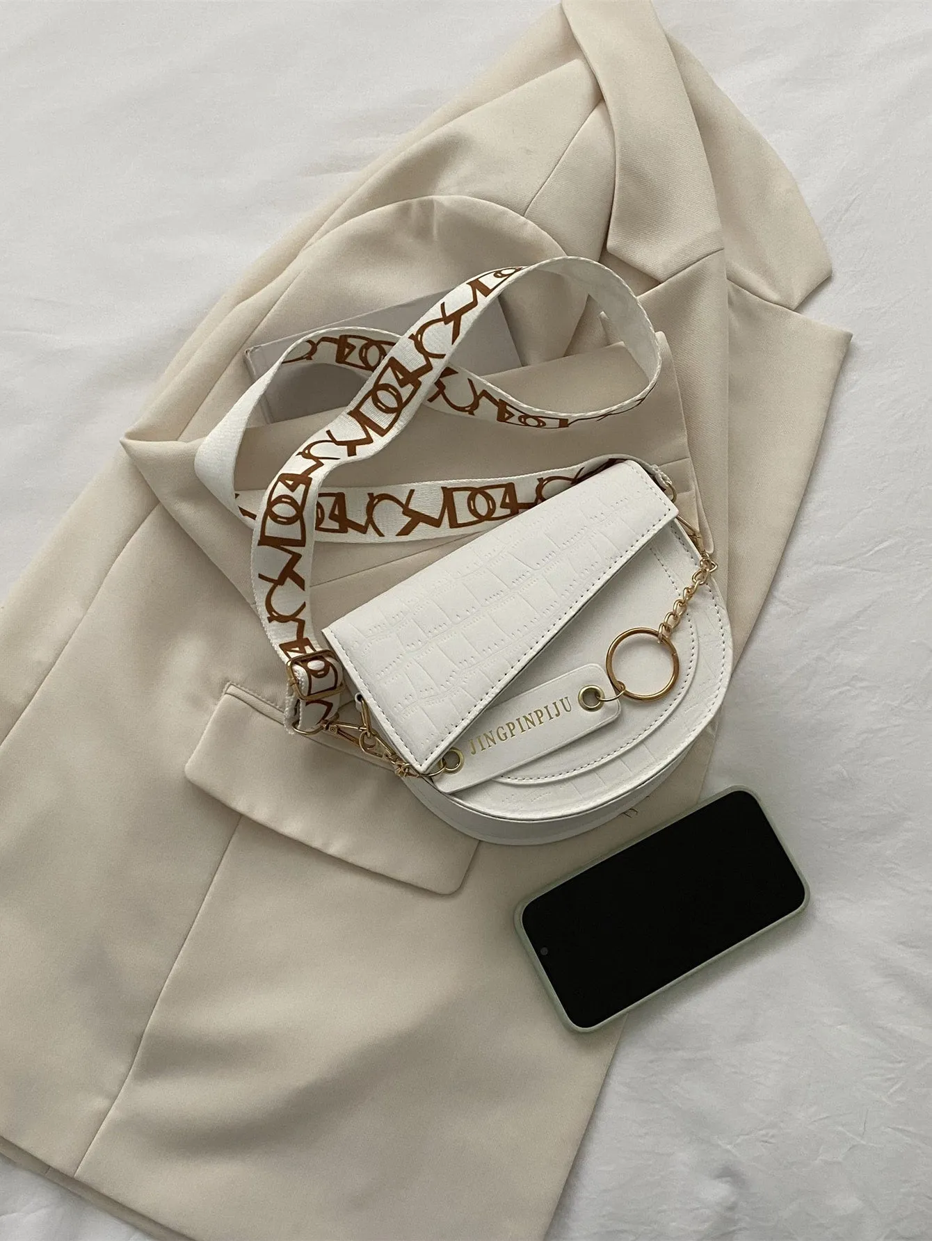 Mini Crocodile Embossed Flap Saddle Bag - Beige