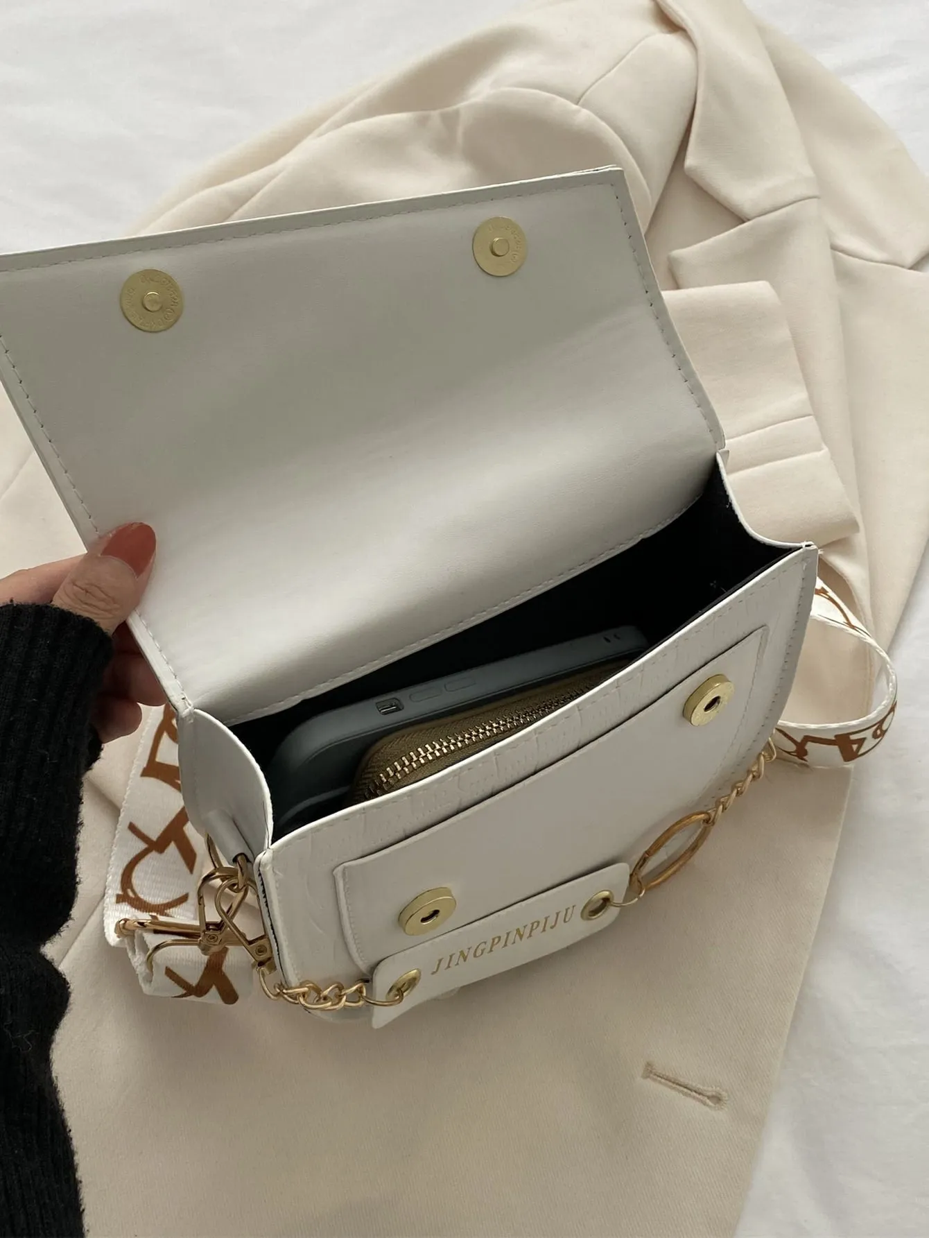 Mini Crocodile Embossed Flap Saddle Bag - Beige