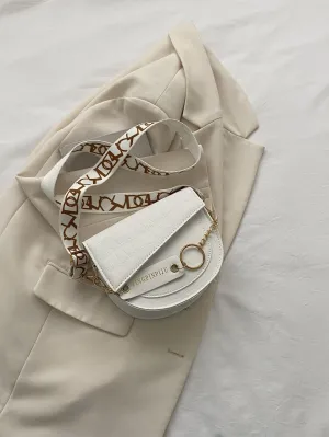 Mini Crocodile Embossed Flap Saddle Bag - Beige