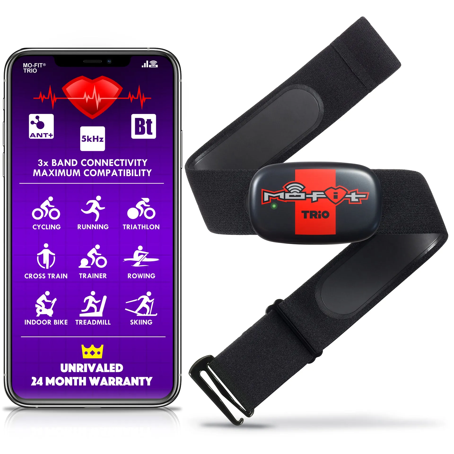 Mo-Fit Trio Heart Rate Monitor Chest Strap / HRM for Apple, Android, Peloton, Garmin, Strava, Zwift, ANT , 5.3 kHz Gym Equipment, and Bluetooth 4.0