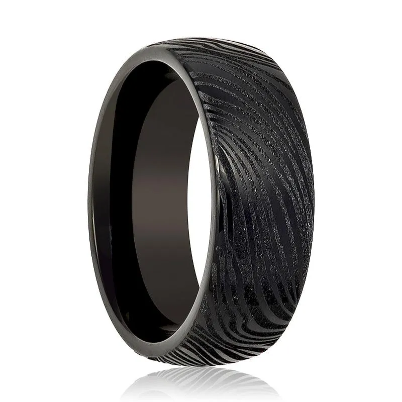 MUKUGLO | Black Tungsten Ring, Laser Engraved Mukume Gane Effect, Domed