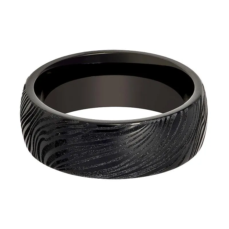 MUKUGLO | Black Tungsten Ring, Laser Engraved Mukume Gane Effect, Domed