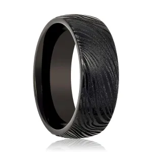MUKUGLO | Black Tungsten Ring, Laser Engraved Mukume Gane Effect, Domed