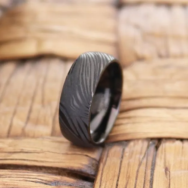 MUKUGLO | Black Tungsten Ring, Laser Engraved Mukume Gane Effect, Domed